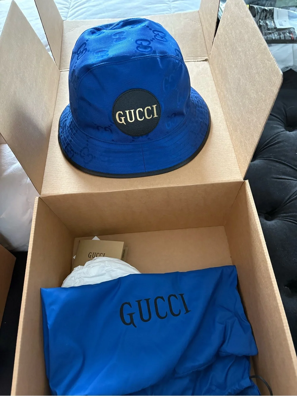 Gucci Royal Blue GG Monogram Bucket Hat with Black Logo Patch